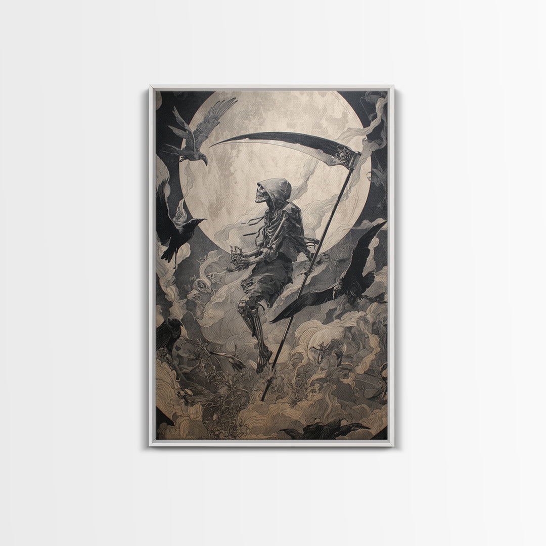 The Fog-Bound Reaper, Ornate Symbolist Art, Vertical Wall Art, Gothic Horror Wall Art, Canvas Print, Halloween Wall Art