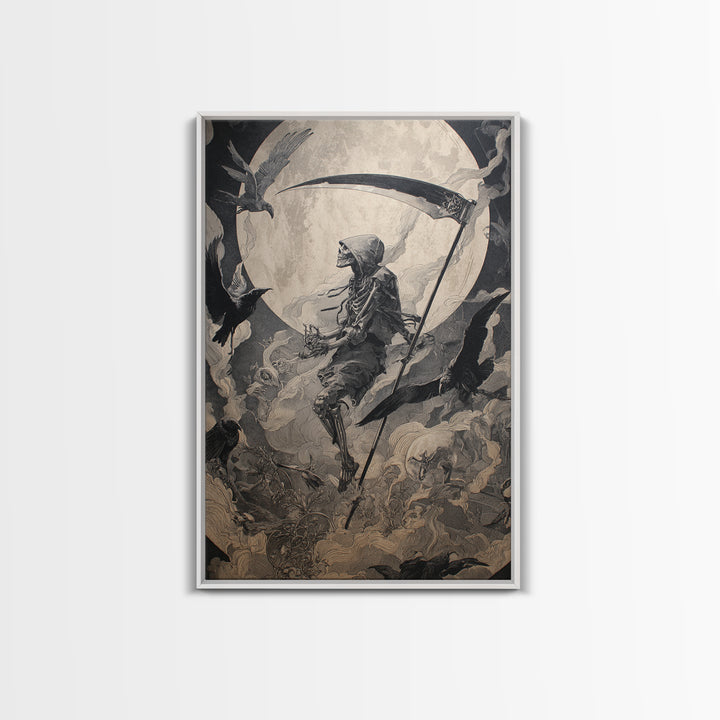 The Fog-Bound Reaper, Ornate Symbolist Art, Vertical Wall Art, Gothic Horror Wall Art, Canvas Print, Halloween Wall Art