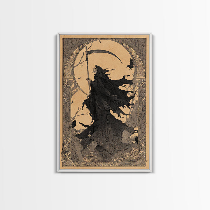 The Fog-Bound Reaper, Decadent Line Art, Vertical Wall Art, Gothic Horror Wall Art, Canvas Print, Halloween Wall Art