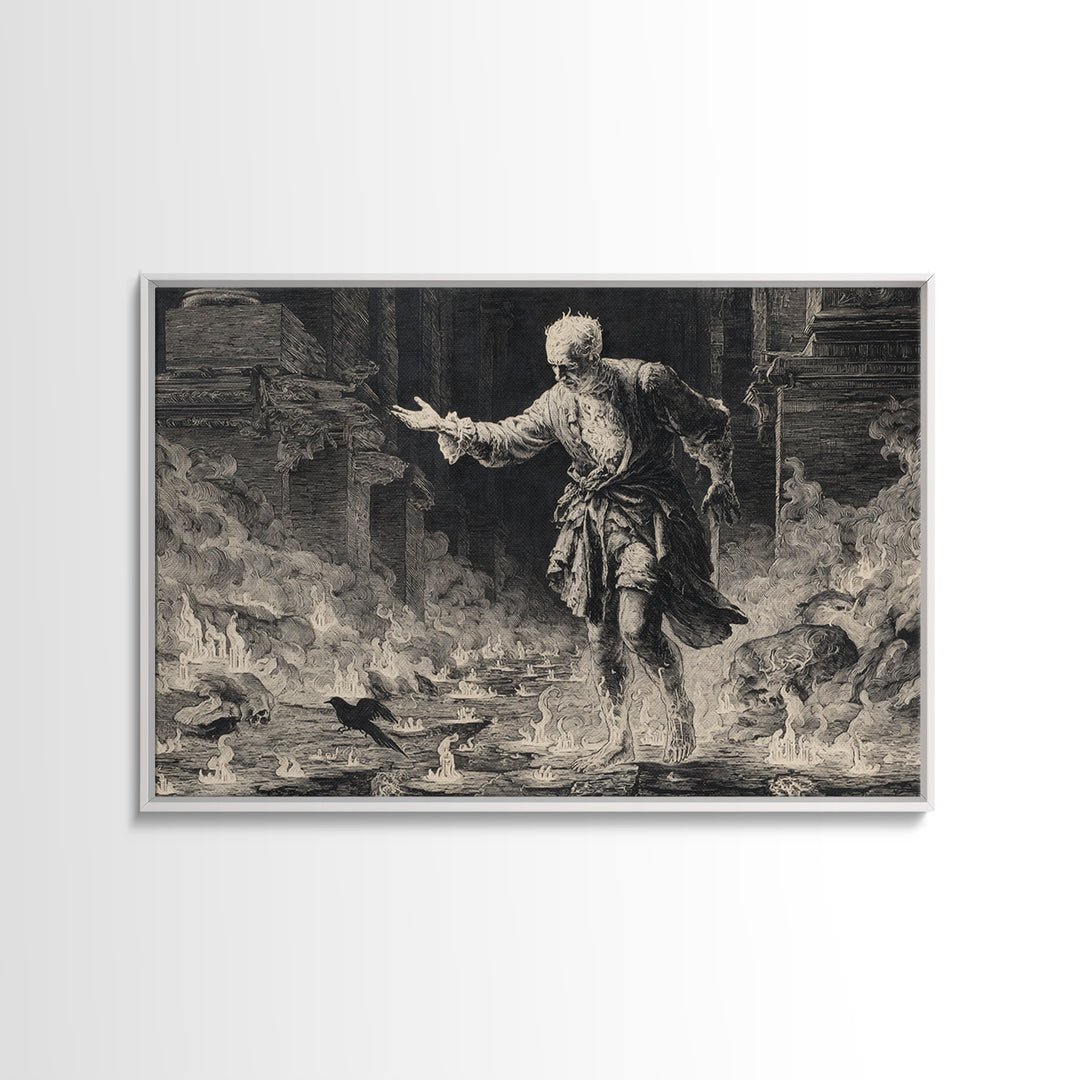 The Candlewax Man, Architectural Etching Art, Landscape Wall Art, Macabre Wall Art, Framed Canvas Print, Halloween Wall Art