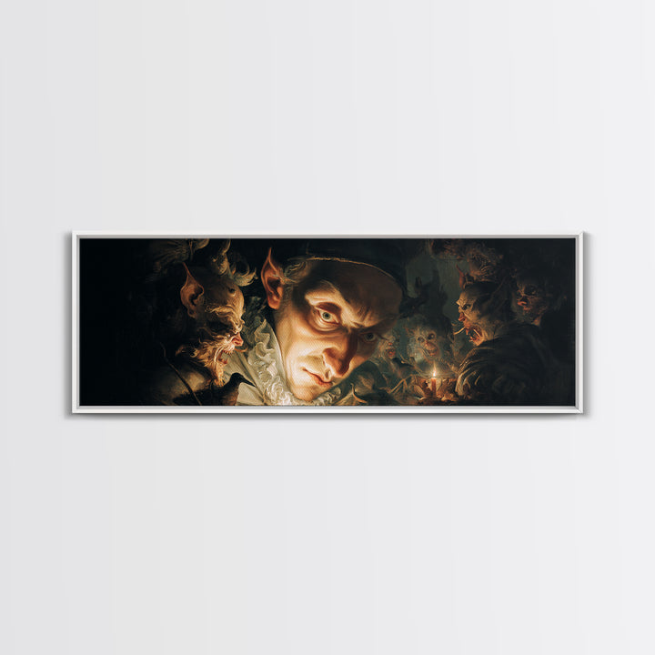 The Mirror Spirit, Medieval Grotesque Art, Extra Wide Wall Art, Dark Halloween Decor, Framed Canvas Print, Halloween Wall Art