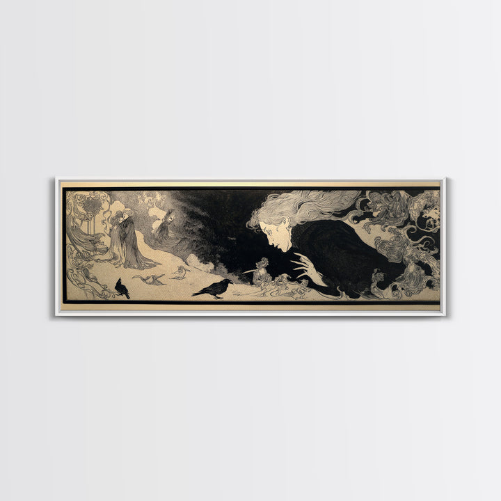 The Mirror Spirit, Decadent Line Art, Extra Wide Wall Art, Gothic Horror Wall Art, Canvas Print, Halloween Wall Art