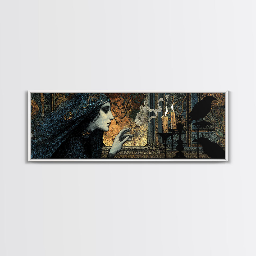 The Mirror Spirit, Stained Glass Gothic Art, Extra Wide Wall Art, Dark Halloween Decor, Framed Canvas Print, Halloween Wall Art