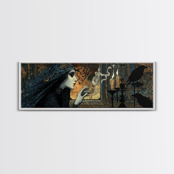 The Mirror Spirit, Stained Glass Gothic Art, Extra Wide Wall Art, Dark Halloween Decor, Framed Canvas Print, Halloween Wall Art