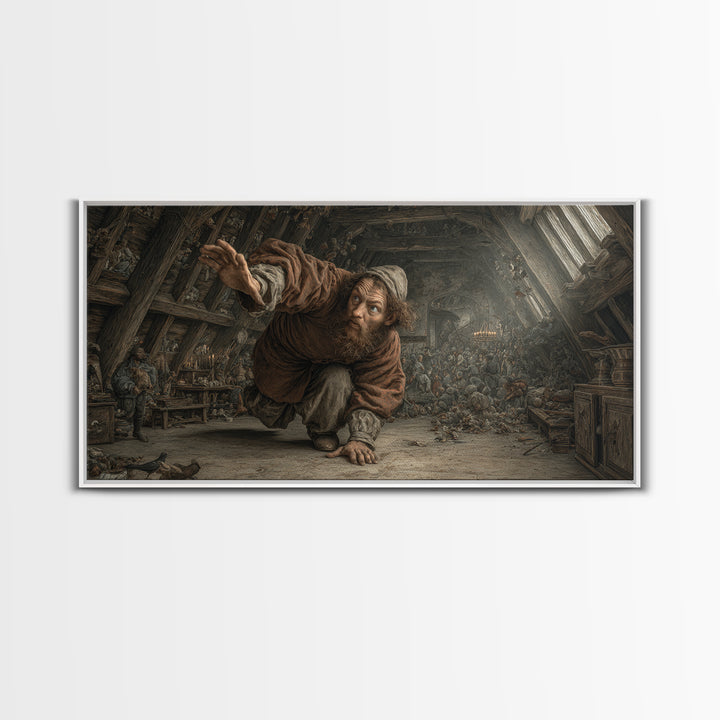 The Attic Whisperer, Northern Renaissance Horror, Wide Panoramic Art, Dark Fantasy Wall Art, Framed Canvas Print