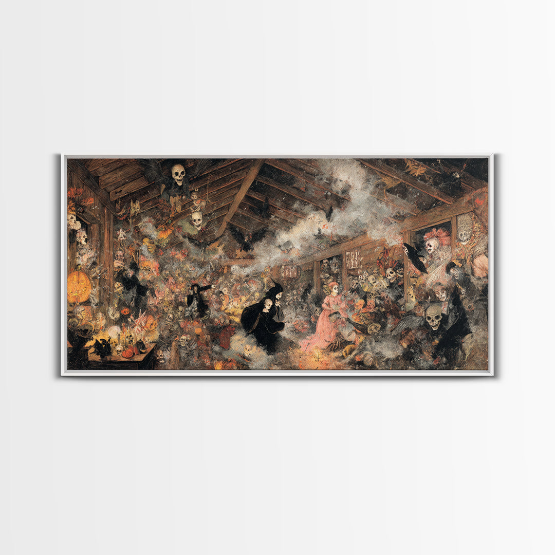 The Attic Whisperer, Grotesque Carnival Art, Wide Panoramic Art, Gothic Horror Wall Art, Canvas Print, Halloween Wall Art