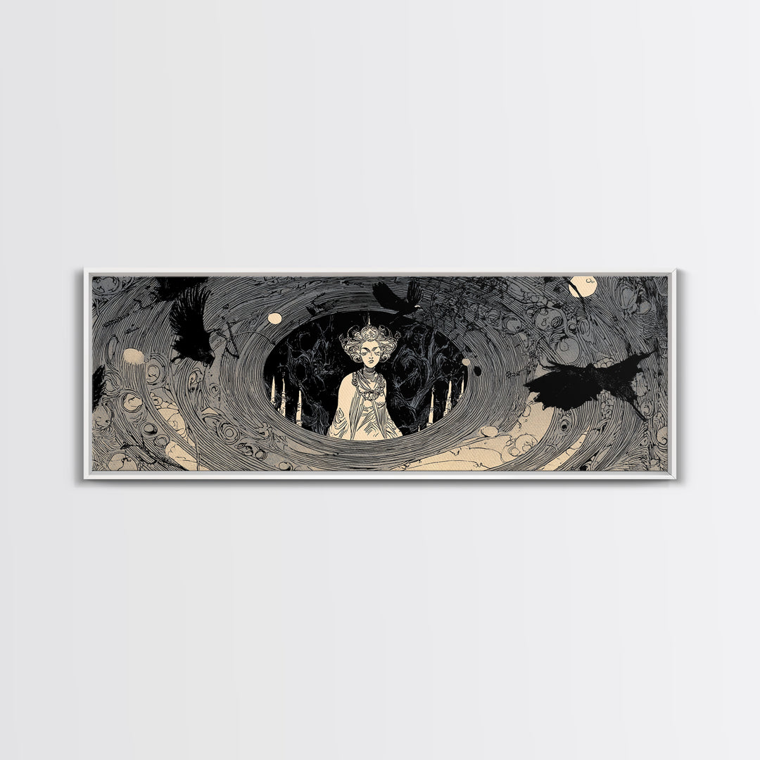 The Attic Whisperer, Decadent Line Art, Extra Wide Wall Art, Macabre Wall Art, Framed Canvas Print, Halloween Wall Art