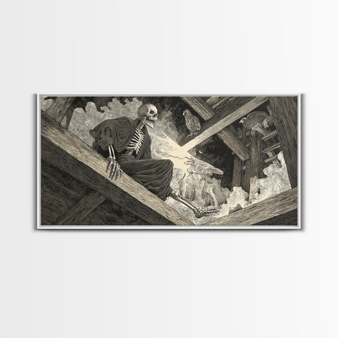 The Attic Whisperer, Macabre Folk Print Art, Wide Panoramic Art, Dark Halloween Decor, Framed Canvas Print, Halloween Wall Art