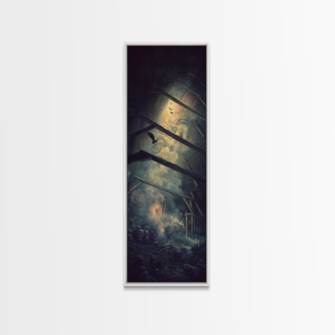 The Attic Whisperer, Surreal Apocalyptic Art, Tall Narrow Wall Art, Gothic Horror Wall Art, Framed Canvas Print, Halloween Wall Art