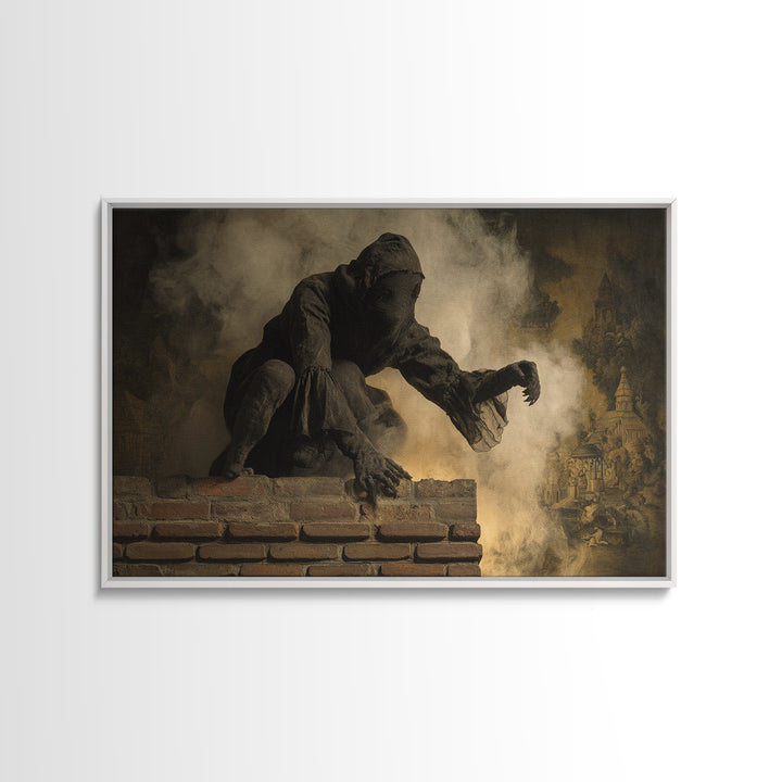 The Chimney Phantom, Medieval Grotesque Art, Landscape Wall Art, Gothic Horror Wall Art, Framed Canvas Print, Halloween Wall Art