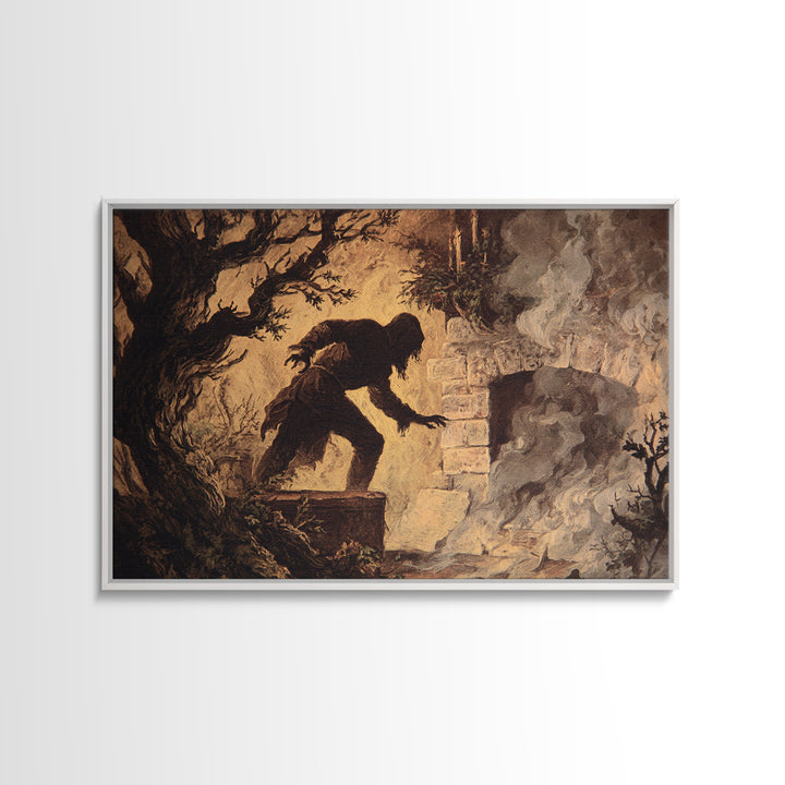 The Chimney Phantom, Baroque Witchcraft Art, Landscape Wall Art, Dark Halloween Decor, Framed Canvas Print, Halloween Wall Art