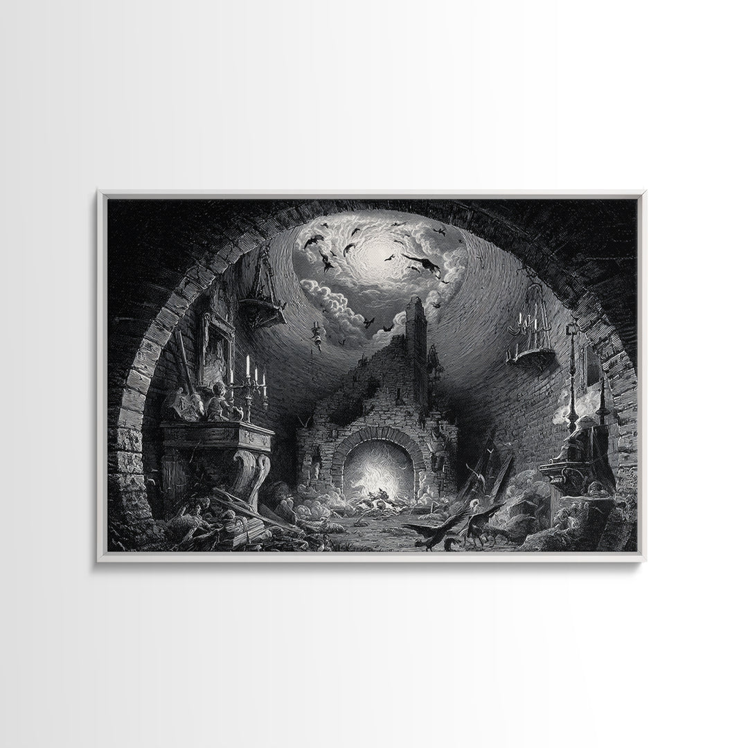 The Chimney Phantom, Architectural Etching Art, Landscape Wall Art, Dark Fantasy Wall Art, Framed Canvas Print