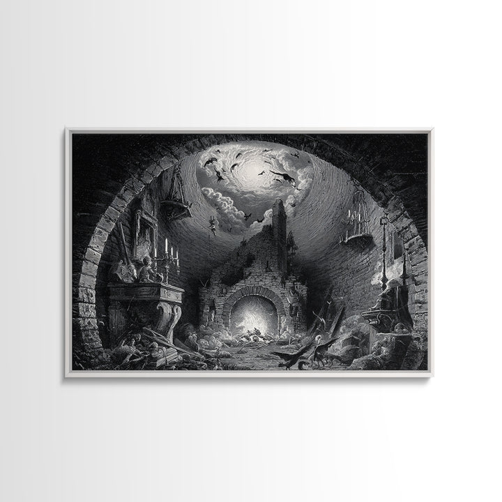 The Chimney Phantom, Architectural Etching Art, Landscape Wall Art, Dark Fantasy Wall Art, Framed Canvas Print