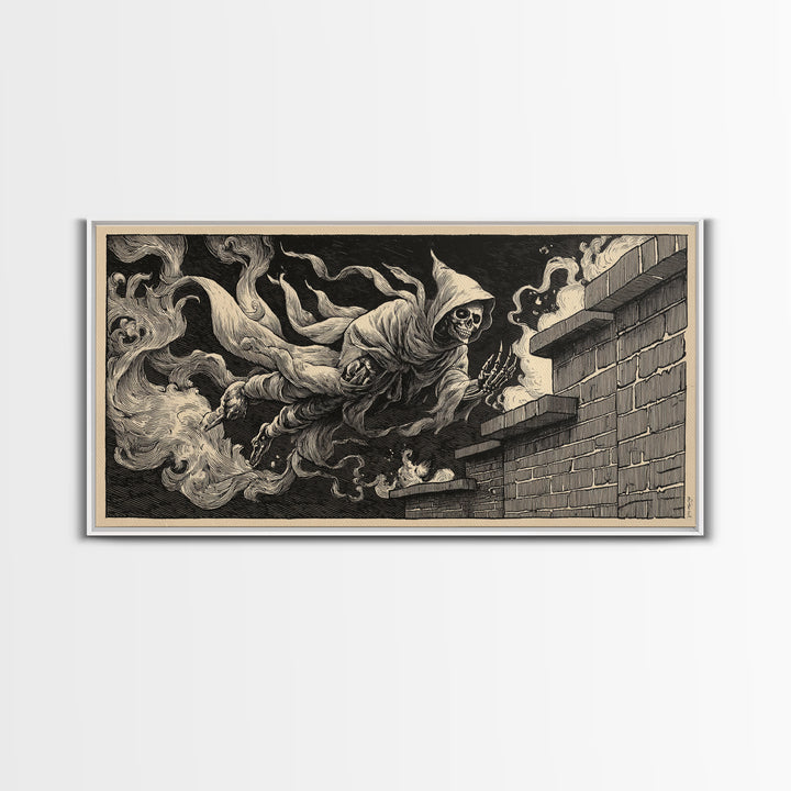 The Chimney Phantom, Macabre Folk Print Art, Wide Panoramic Art, Macabre Wall Art, Framed Canvas Print, Halloween Wall Art