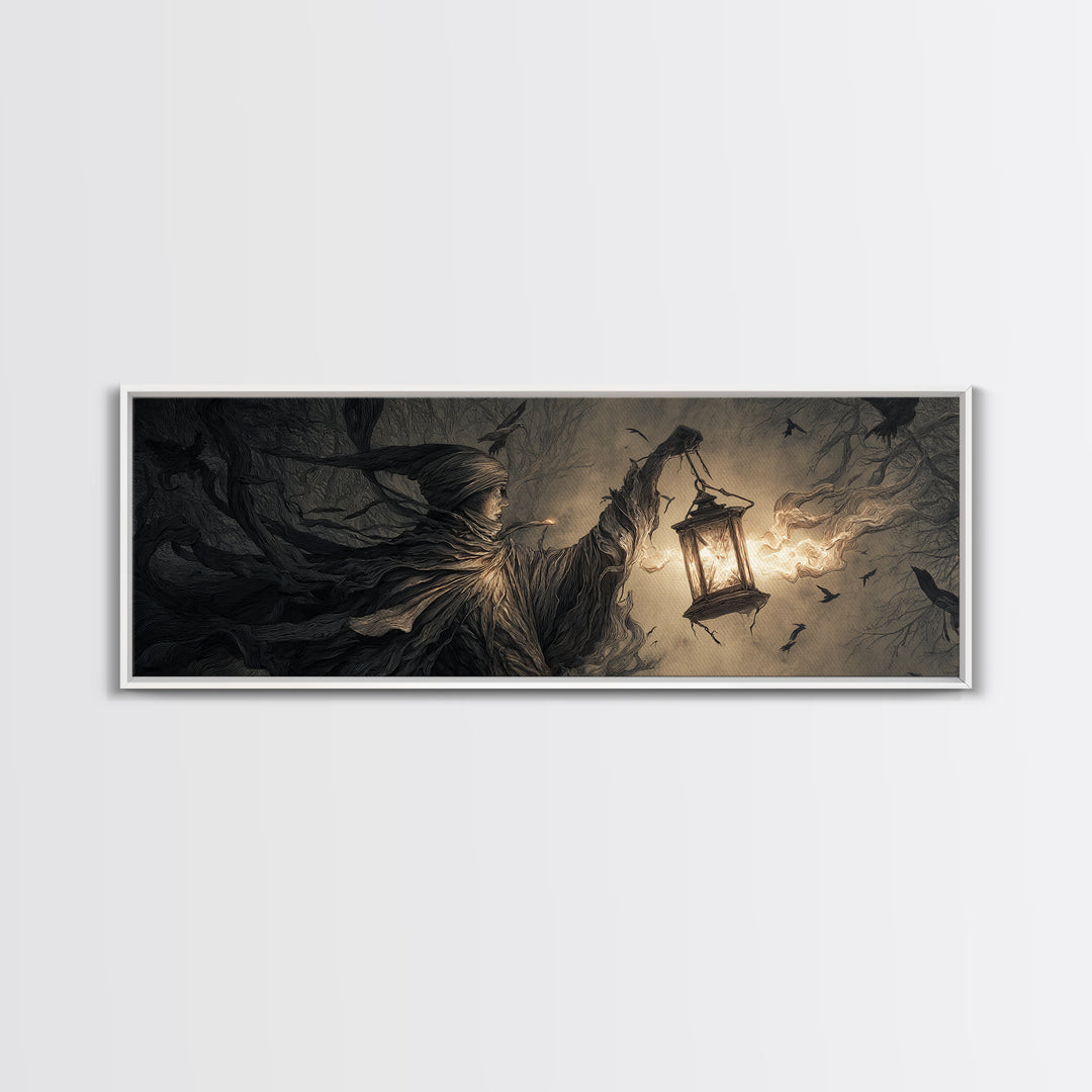 The Lantern Specter, Medieval Grotesque Art, Extra Wide Wall Art, Macabre Wall Art, Framed Canvas Print, Halloween Wall Art