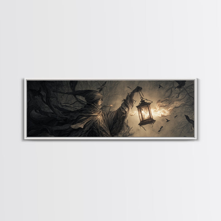 The Lantern Specter, Medieval Grotesque Art, Extra Wide Wall Art, Macabre Wall Art, Framed Canvas Print, Halloween Wall Art