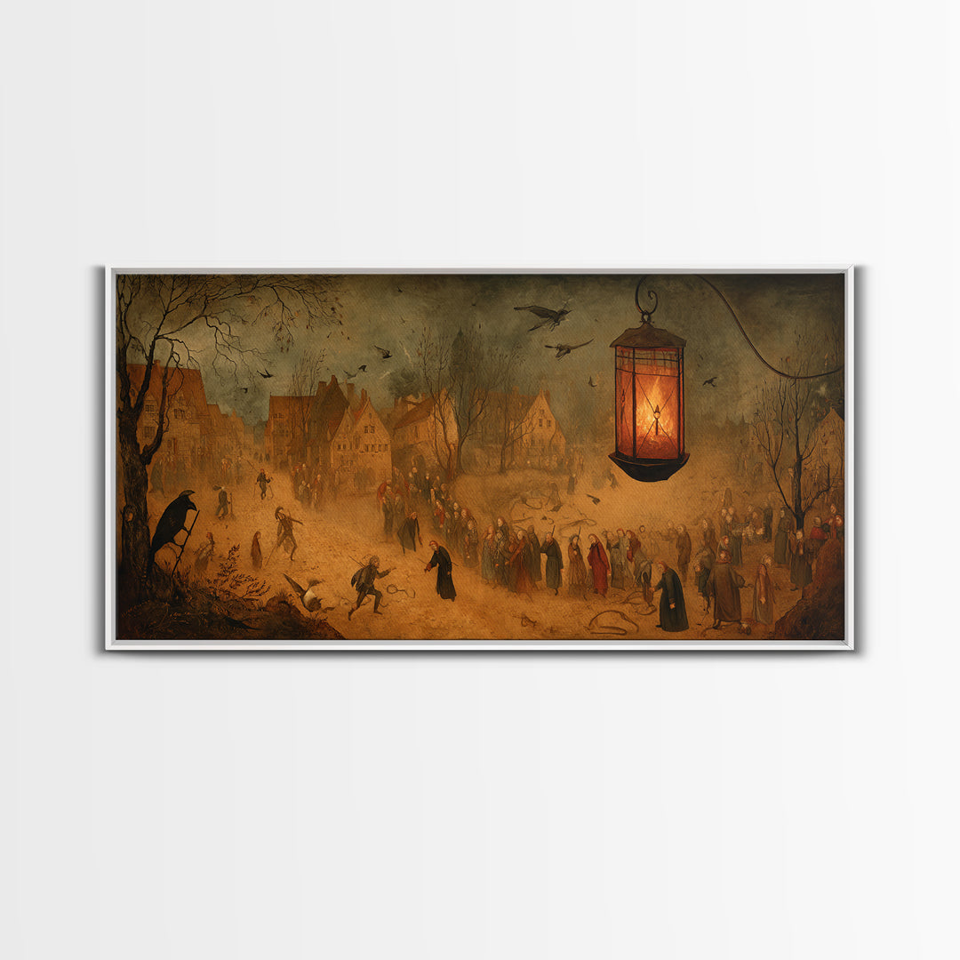 The Lantern Specter, Northern Renaissance Horror, Wide Panoramic Art, Dark Fantasy Wall Art, Canvas Print, Halloween Wall Art