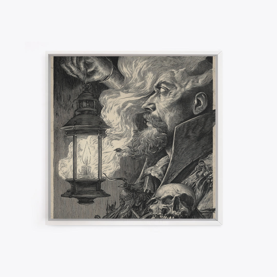 The Lantern Specter, Renaissance Engraving Art, Square Wall Art, Macabre Wall Art, Canvas Print, Halloween Wall Art, Horror Wall Art