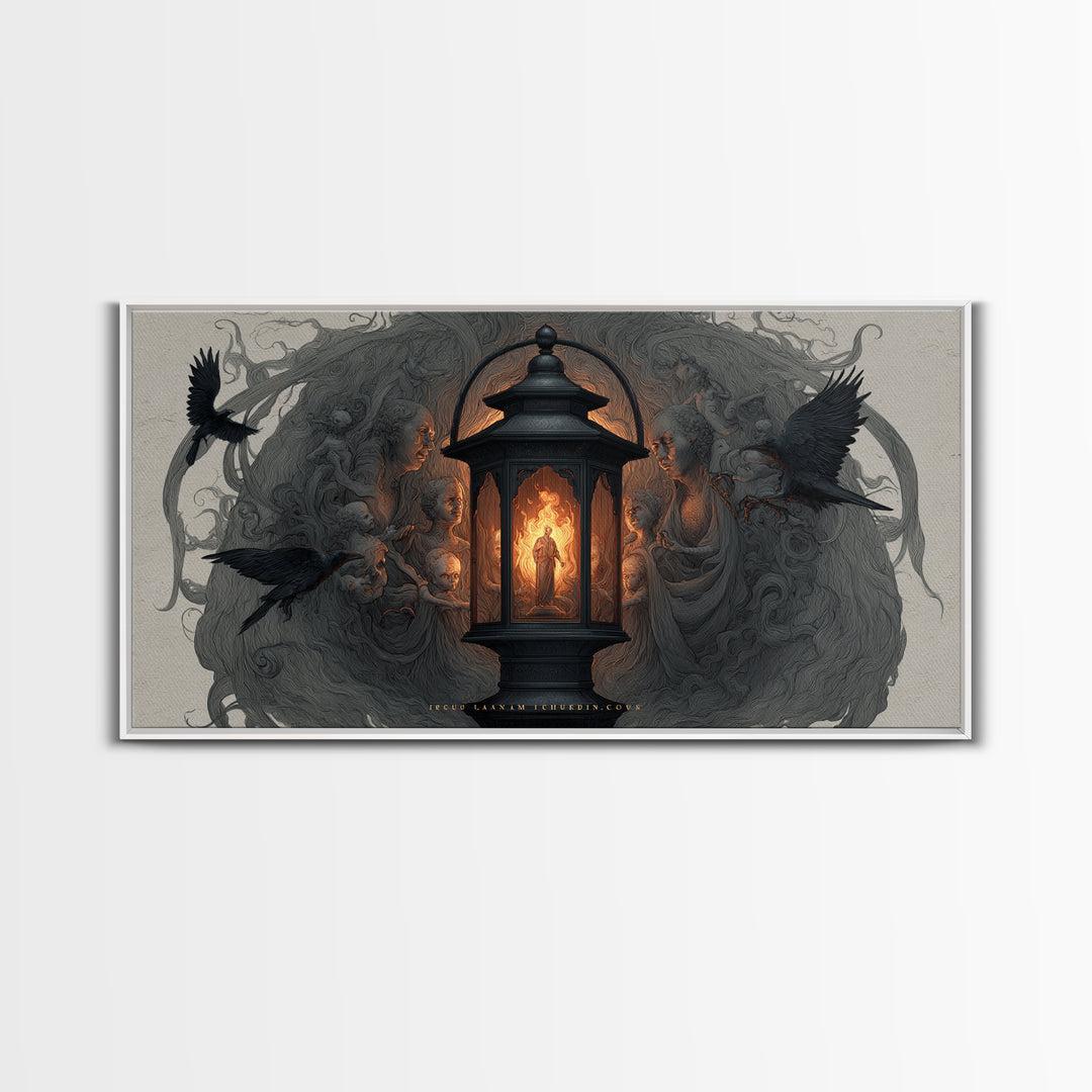 The Lantern Specter, Visionary Gothic Art, Wide Panoramic Art, Dark Fantasy Wall Art, Framed Canvas Print, Halloween Wall Art