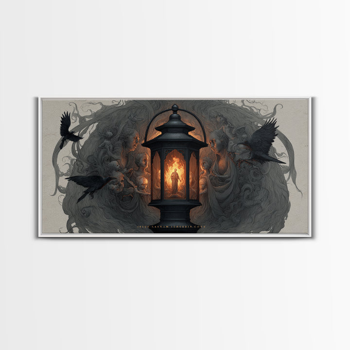 The Lantern Specter, Visionary Gothic Art, Wide Panoramic Art, Dark Fantasy Wall Art, Framed Canvas Print, Halloween Wall Art
