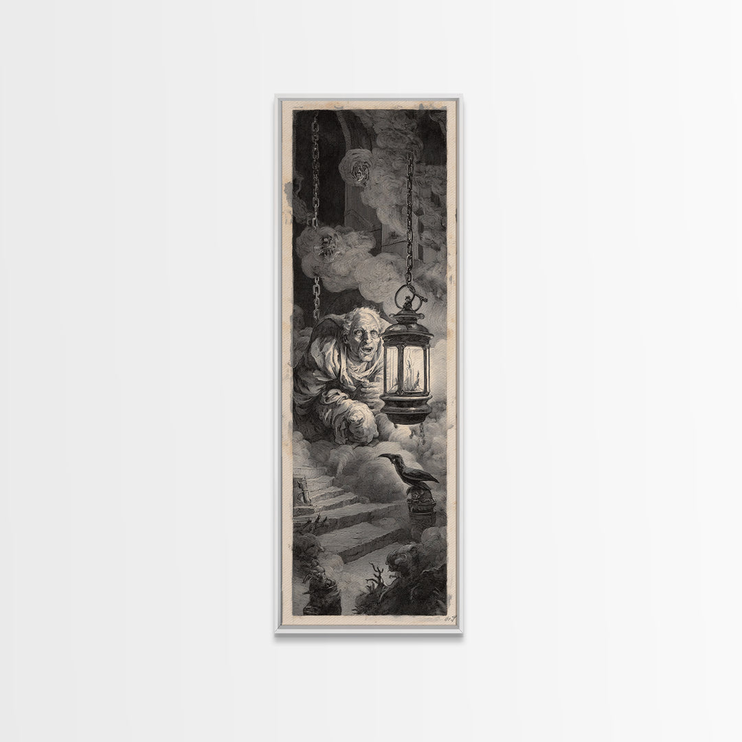 The Lantern Specter, Architectural Etching Art, Tall Narrow Wall Art, Dark Fantasy Wall Art, Canvas Print, Halloween Wall Art