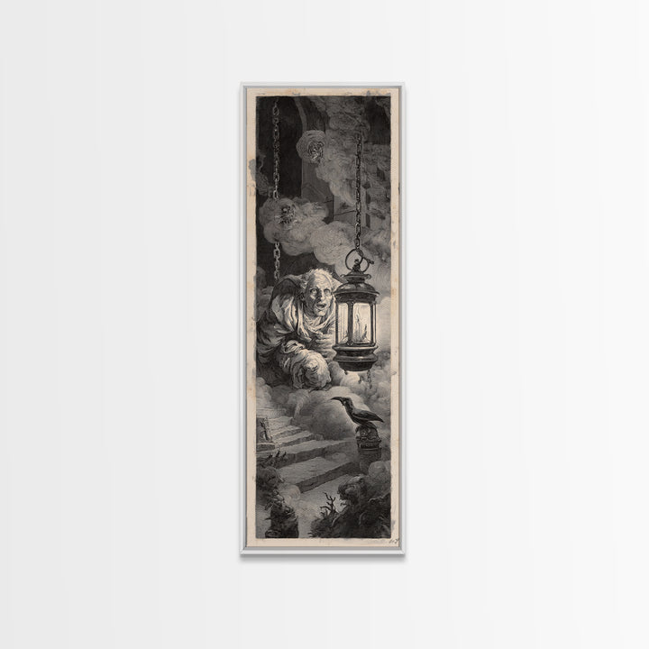 The Lantern Specter, Architectural Etching Art, Tall Narrow Wall Art, Dark Fantasy Wall Art, Canvas Print, Halloween Wall Art