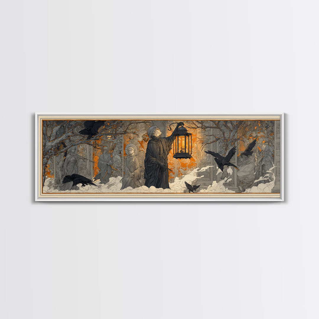 The Lantern Specter, Symbolist Death Art, Extra Wide Wall Art, Macabre Wall Art, Canvas Print, Halloween Wall Art, Spooky Wall Decor