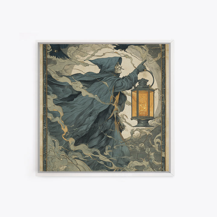 The Lantern Specter, Symbolist Etching Art, Square Wall Art, Dark Fantasy Wall Art, Canvas Print, Halloween Wall Art, Seasonal Home Decor