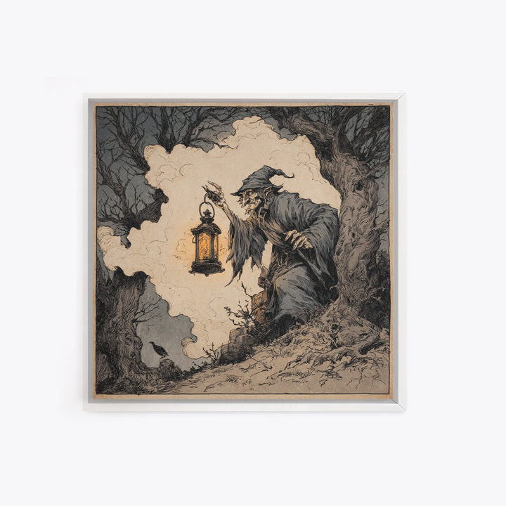The Lantern Specter, Gothic Storybook Art, Square Wall Art, Macabre Wall Art, Framed Canvas Print, Halloween Wall Art