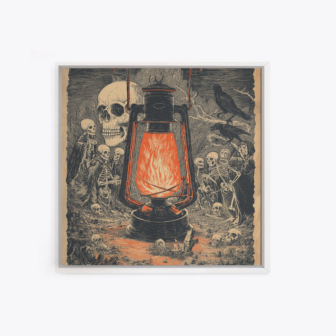 The Lantern Specter, Macabre Folk Print Art, Square Wall Art, Dark Fantasy Wall Art, Framed Canvas Print, Halloween Wall Art