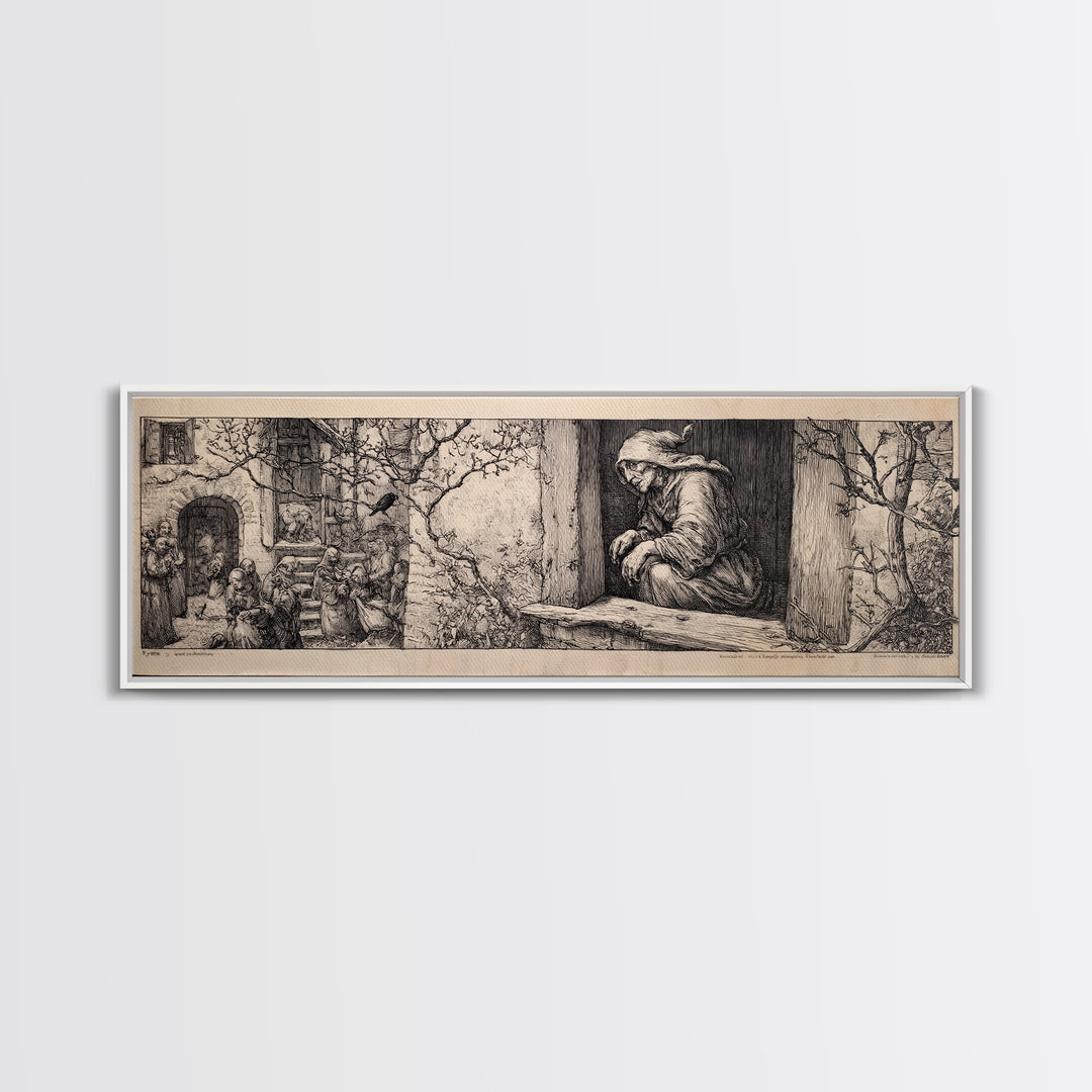 The Red-Eyed Night Hag, Renaissance Engraving Art, Extra Wide Wall Art, Gothic Horror Wall Art, Canvas Print, Halloween Wall Art