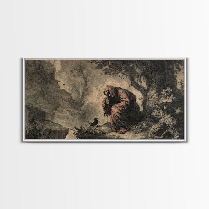 The Red-Eyed Night Hag, Baroque Witchcraft Art, Wide Panoramic Art, Gothic Horror Wall Art, Framed Canvas Print, Halloween Wall Art