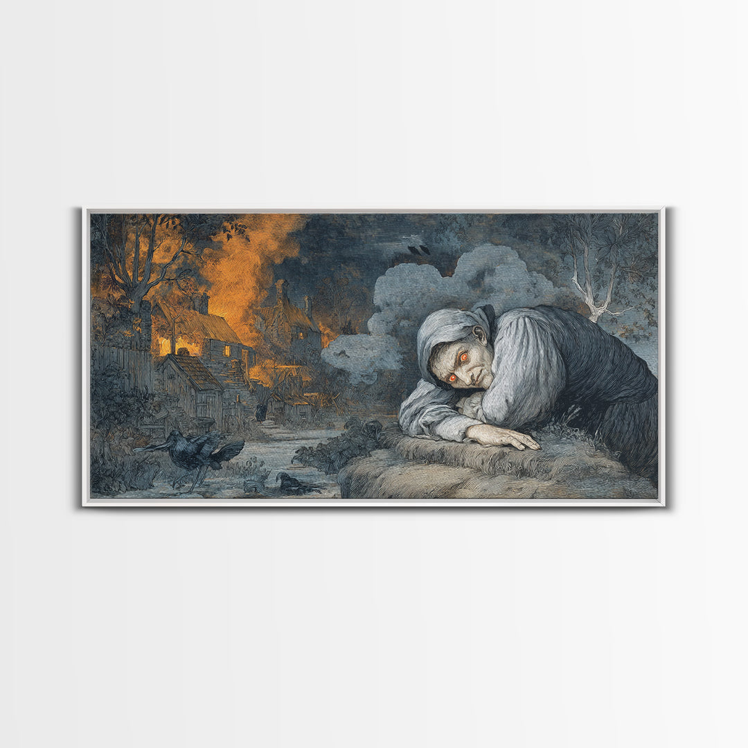 The Red-Eyed Night Hag, Visionary Gothic Art, Wide Panoramic Art, Gothic Horror Wall Art, Framed Canvas Print, Halloween Wall Art