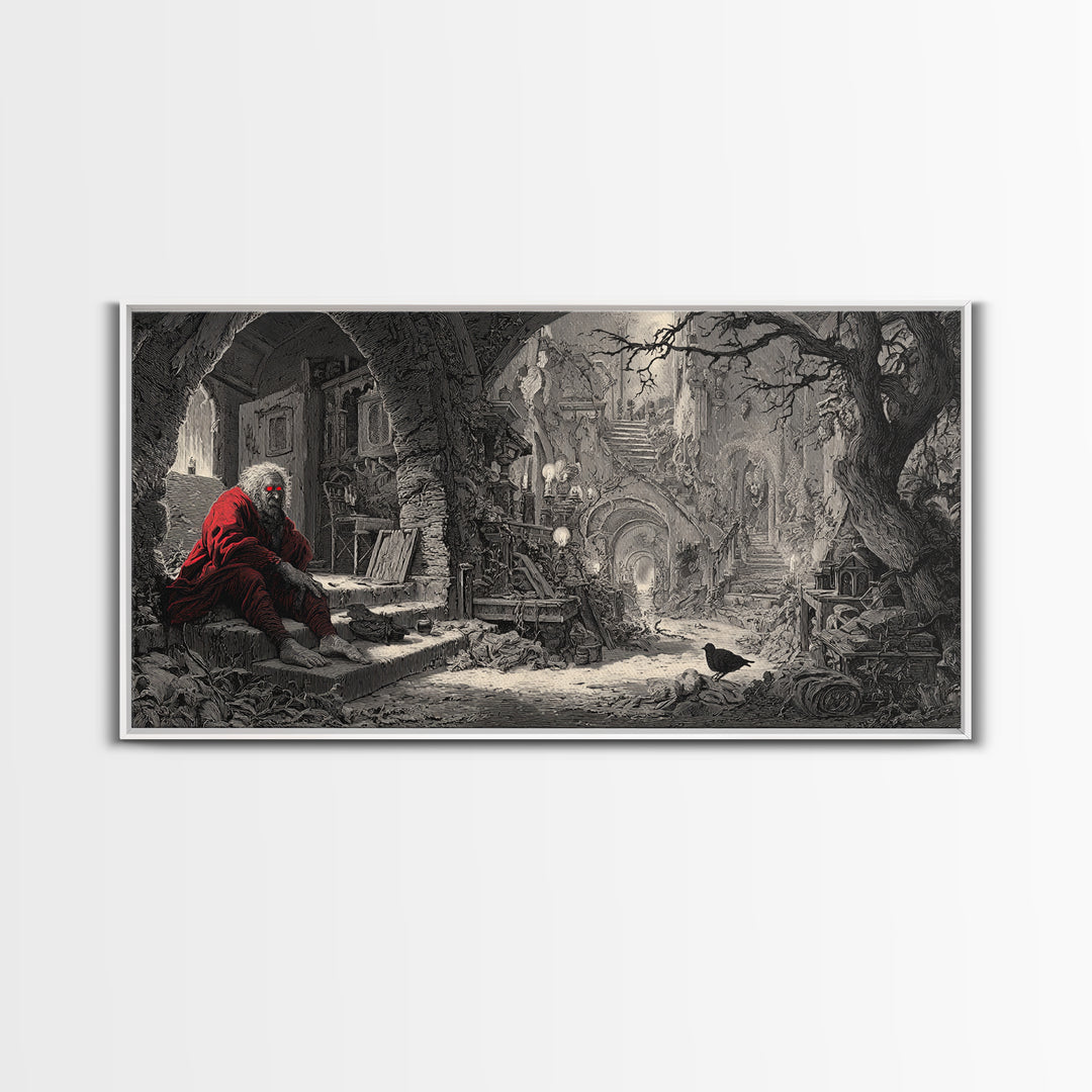 The Red-Eyed Night Hag, Architectural Etching Art, Wide Panoramic Art, Macabre Wall Art, Canvas Print, Halloween Wall Art