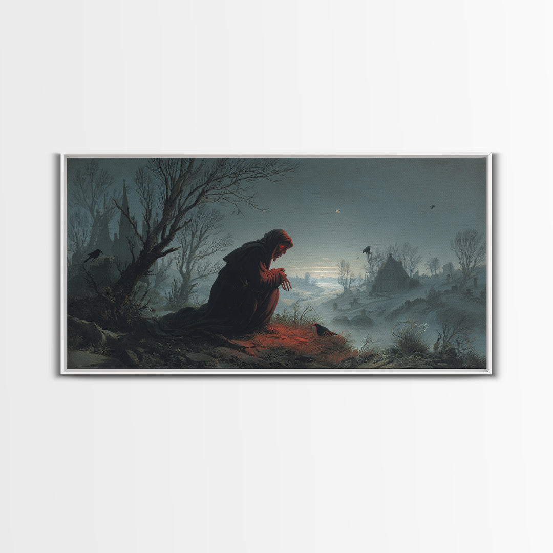 The Red-Eyed Night Hag, Romantic Gothic Landscape, Wide Panoramic Art, Dark Halloween Decor, Canvas Print, Halloween Wall Art