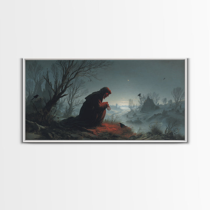 The Red-Eyed Night Hag, Romantic Gothic Landscape, Wide Panoramic Art, Dark Halloween Decor, Canvas Print, Halloween Wall Art