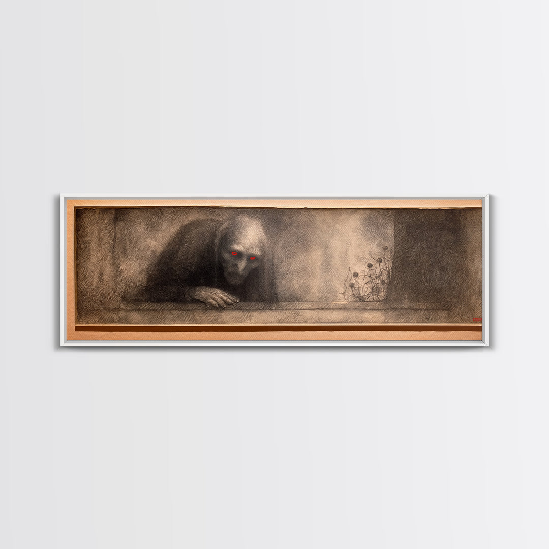 The Red-Eyed Night Hag, Symbolist Dream Art, Extra Wide Wall Art, Dark Halloween Decor, Framed Canvas Print, Halloween Wall Art