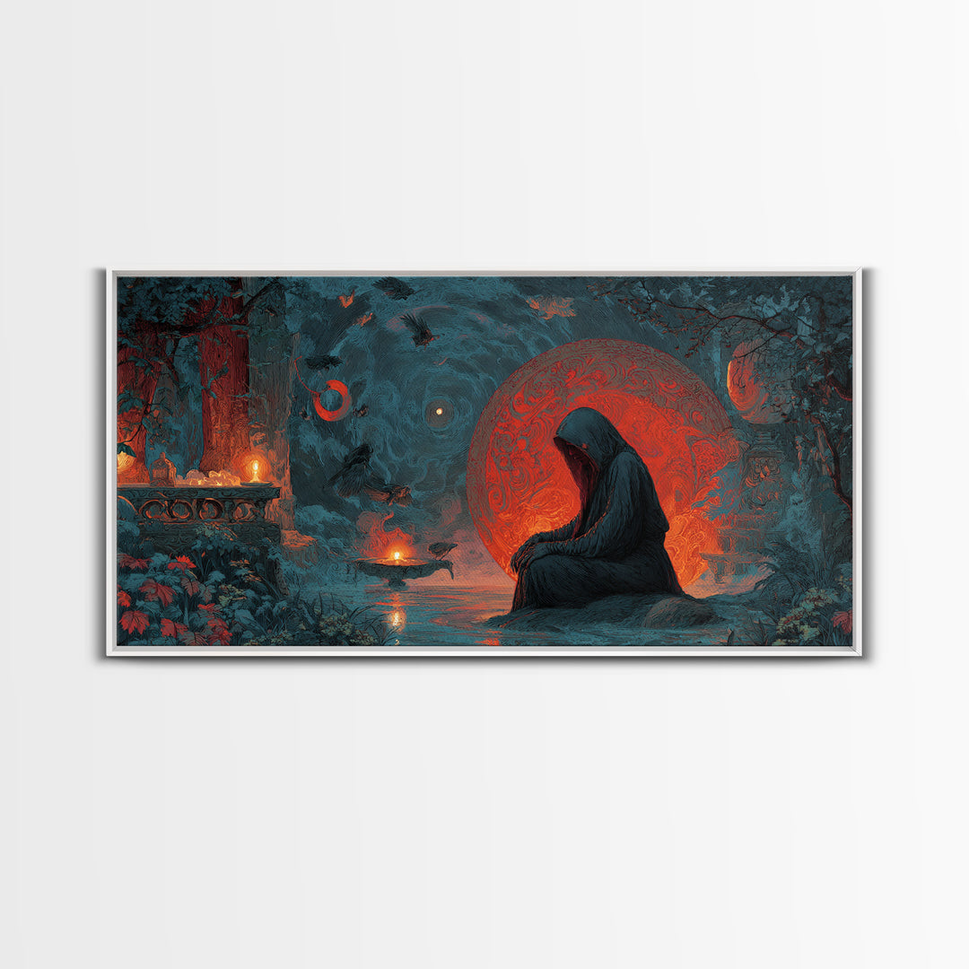 The Red-Eyed Night Hag, Symbolist Gothic Landscape, Wide Panoramic Art, Dark Halloween Decor, Canvas Print, Halloween Wall Art