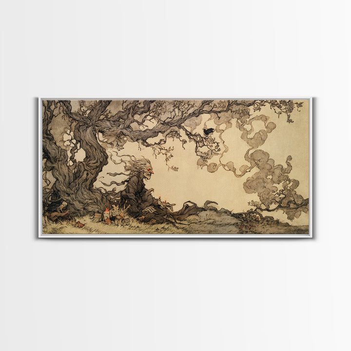 The Red-Eyed Night Hag, Gothic Storybook Art, Wide Panoramic Art, Macabre Wall Art, Canvas Print, Halloween Wall Art