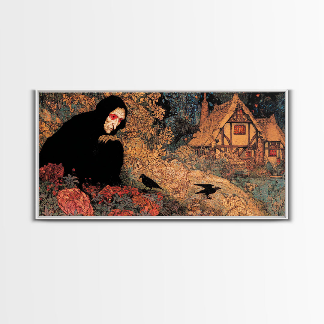 The Red-Eyed Night Hag, Stained Glass Gothic Art, Wide Panoramic Art, Dark Fantasy Wall Art, Canvas Print, Halloween Wall Art