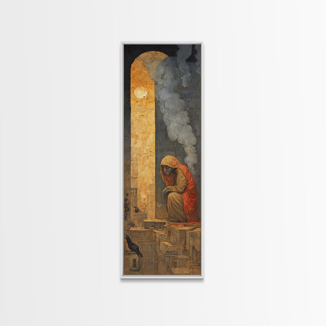 The Red-Eyed Night Hag, Surreal Apocalyptic Art, Tall Narrow Wall Art, Macabre Wall Art, Framed Canvas Print, Halloween Wall Art