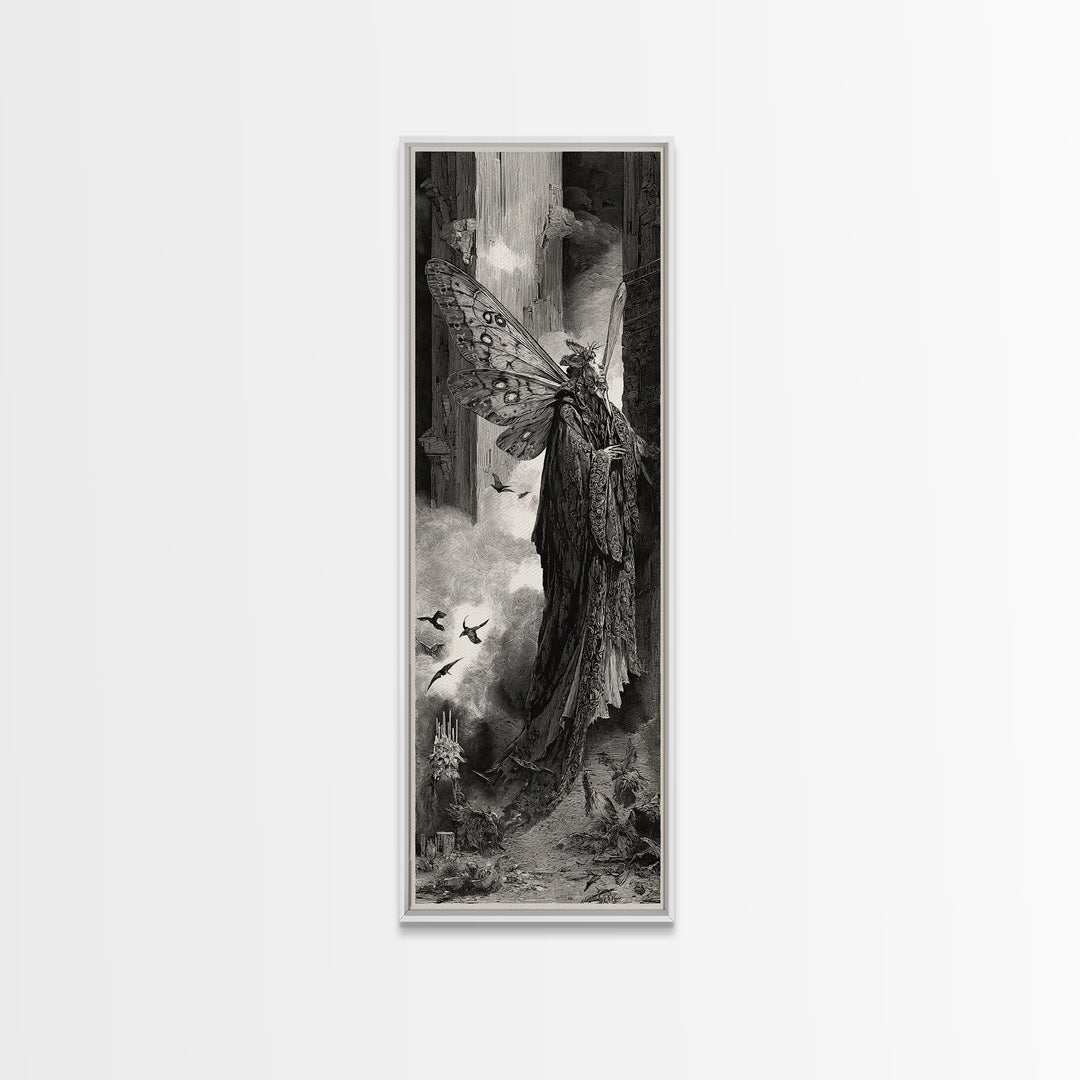The Velvet Moth Witch, Gothic Engraving Art, Tall Narrow Wall Art, Gothic Horror Wall Art, Canvas Print, Halloween Wall Art