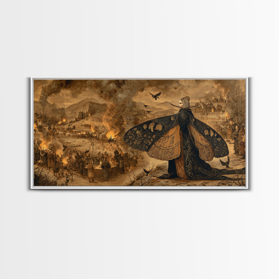 The Velvet Moth Witch, Northern Renaissance Horror, Wide Panoramic Art, Gothic Horror Wall Art, Framed Canvas Print