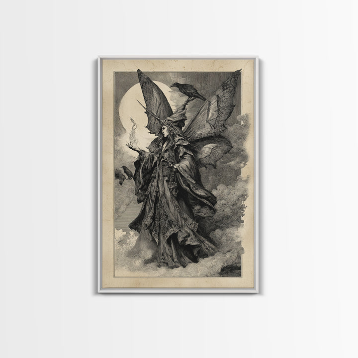 The Velvet Moth Witch, Renaissance Engraving Art, Vertical Wall Art, Gothic Horror Wall Art, Framed Canvas Print, Halloween Wall Art