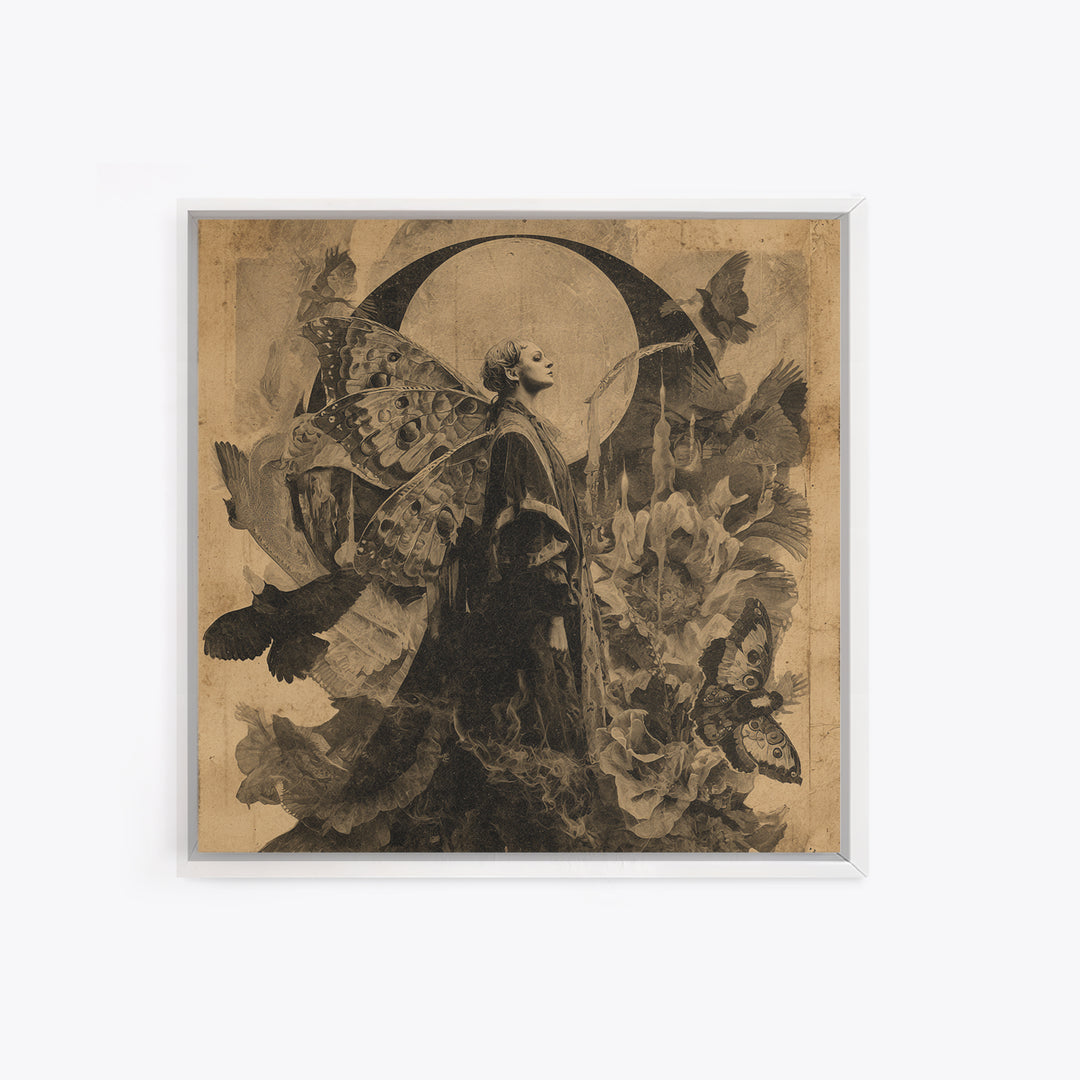 The Velvet Moth Witch, Symbolist Dream Art, Square Wall Art, Dark Fantasy Wall Art, Framed Canvas Print, Halloween Wall Art