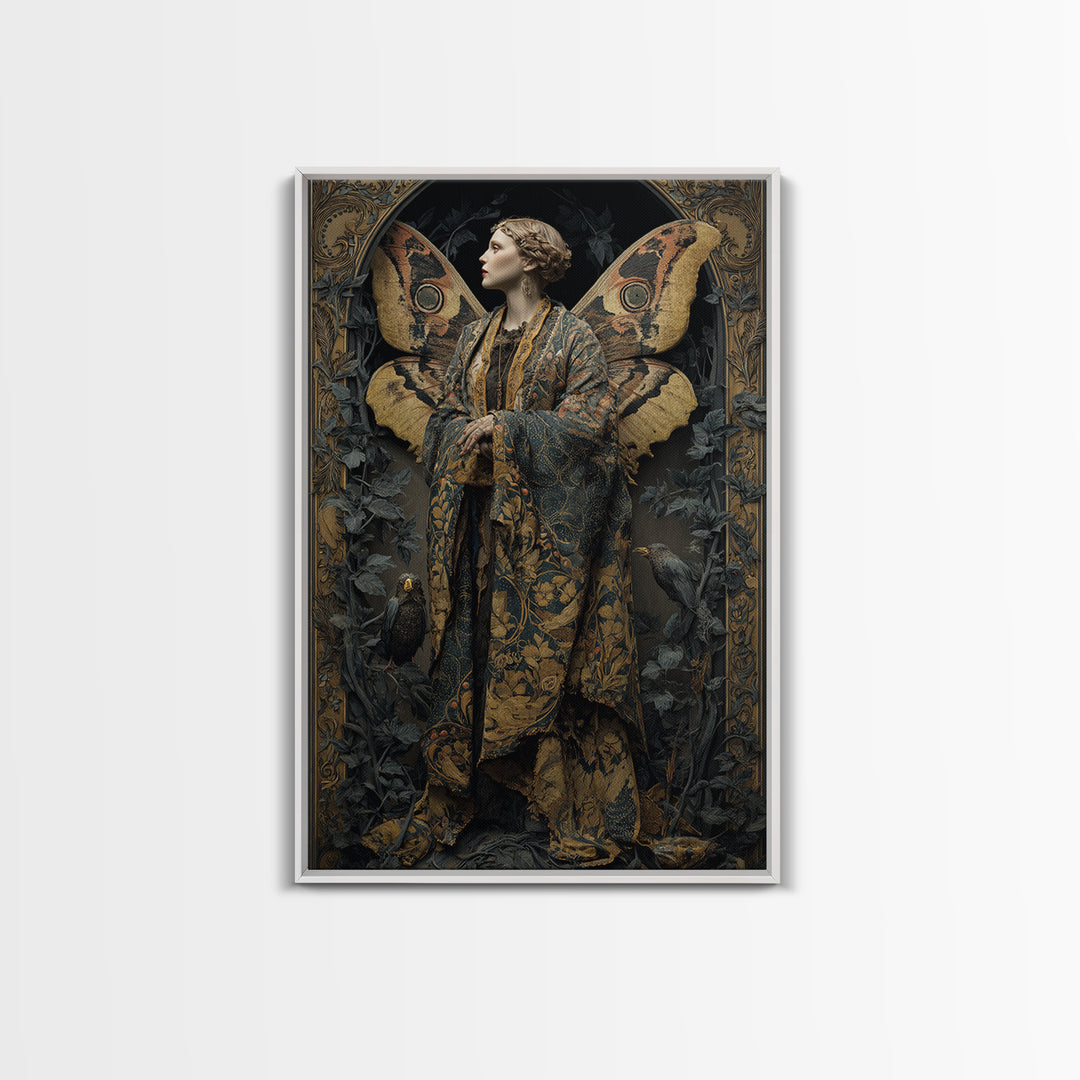 The Velvet Moth Witch, Ornate Symbolist Art, Vertical Wall Art, Gothic Horror Wall Art, Framed Canvas Print, Halloween Wall Art