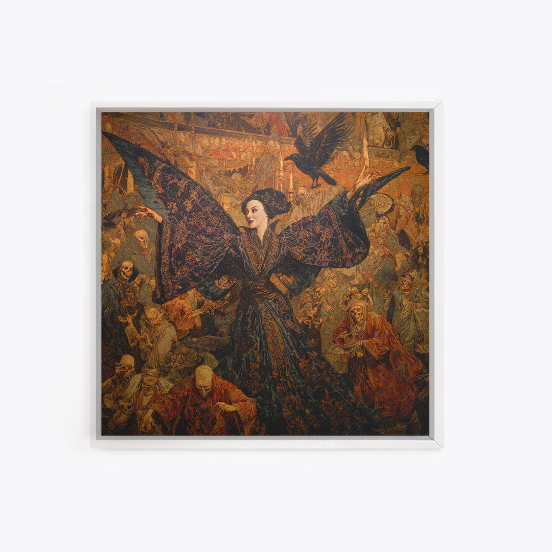 The Velvet Moth Witch, Grotesque Carnival Art, Square Wall Art, Dark Halloween Decor, Framed Canvas Print, Halloween Wall Art