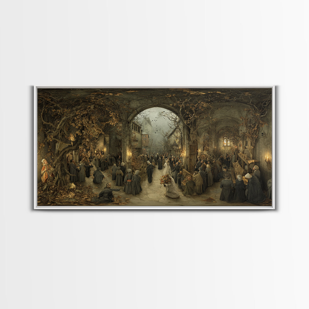 The Ghostly Groom, Northern Renaissance Horror, Wide Panoramic Art, Macabre Wall Art, Framed Canvas Print, Halloween Wall Art