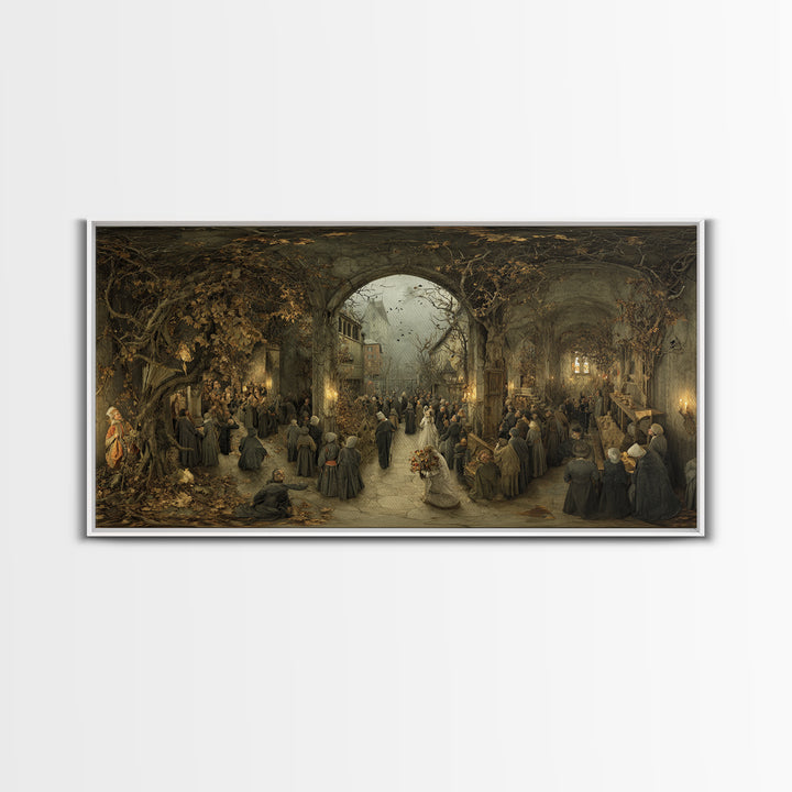 The Ghostly Groom, Northern Renaissance Horror, Wide Panoramic Art, Macabre Wall Art, Framed Canvas Print, Halloween Wall Art