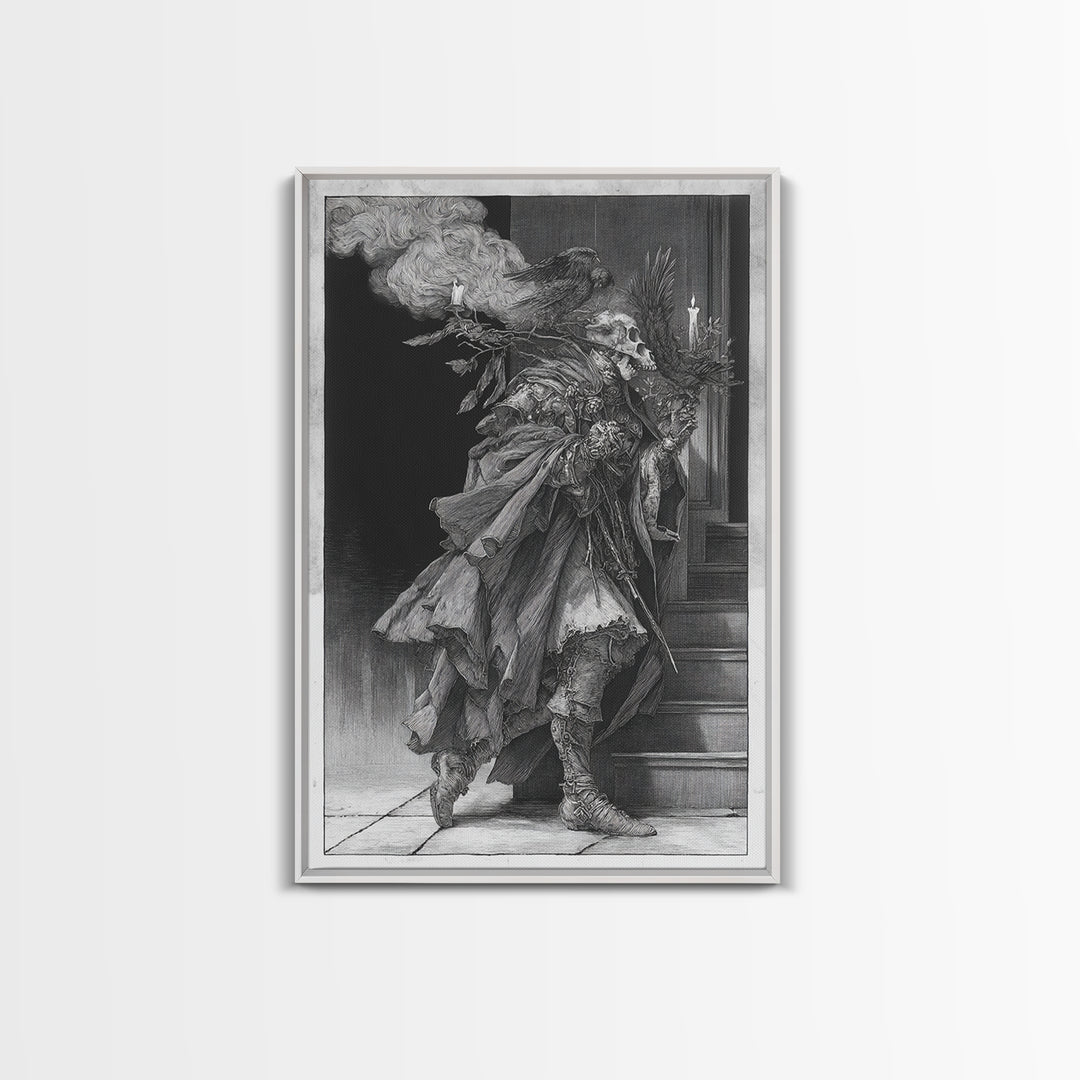 The Ghostly Groom, Renaissance Engraving Art, Vertical Wall Art, Dark Halloween Decor, Canvas Print, Halloween Wall Art